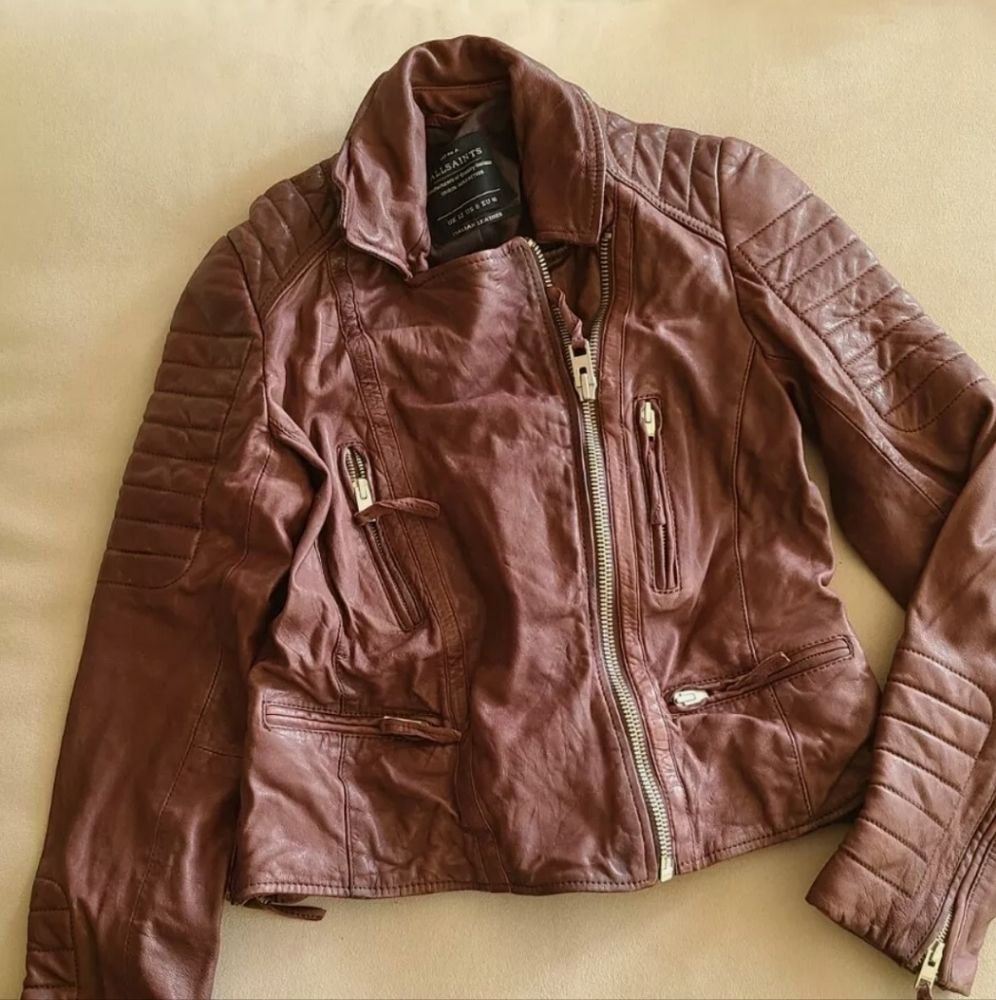 All Saints Oxblood (Brown) Leather  Biker Moto Jacket - Conroy ML058F